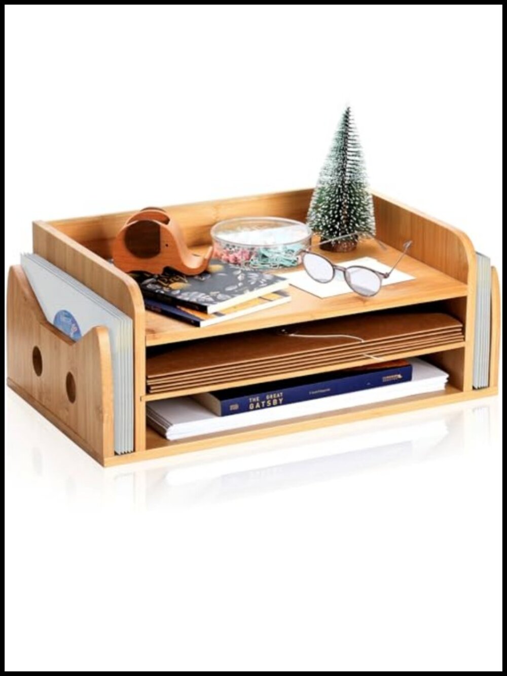 Bamboo Desk Organizer Cat Shaped 3-Tier Letter Tray File Holder Sorter